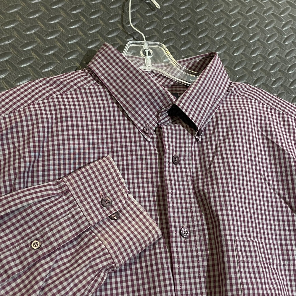 Roundtree & Yorke XL Burgundy‎ Gingham Check Button Down 80s Two-Ply Cotton